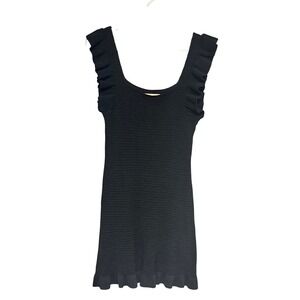 Anthropologie Black Ruffle Sleeve Knit Crochet Mini Dress Small Square Neck